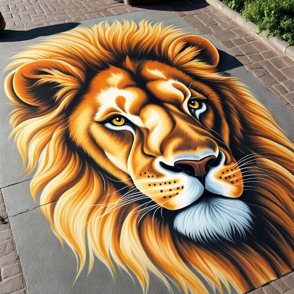 drawing on the sidewalk of an illustration of a lion made in...