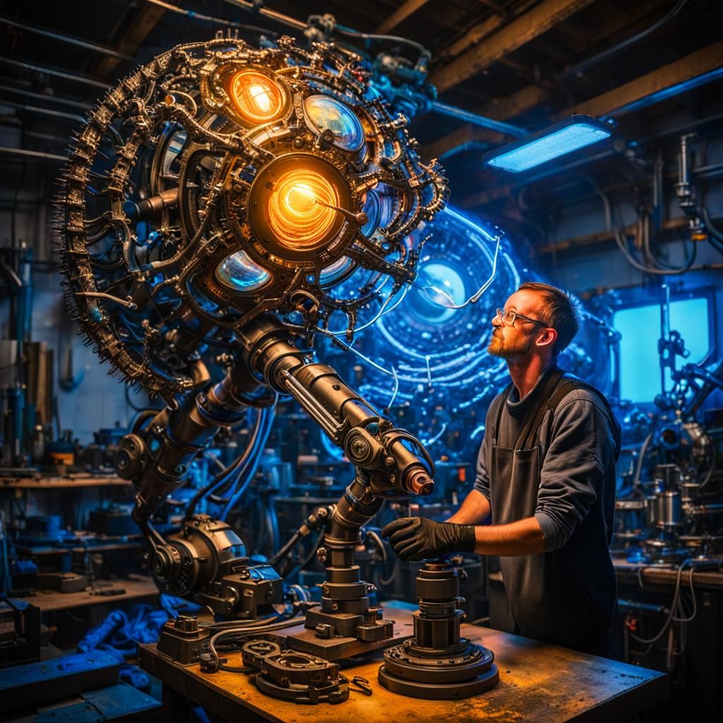 Atompunk Workshop Lamp with Robotic Arm Sculpture