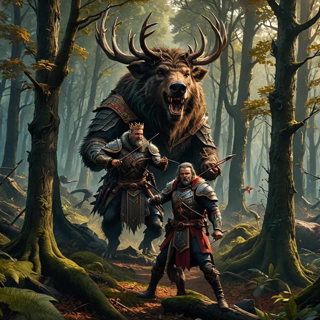 King Hunts Boar: Detailed Matte Painting