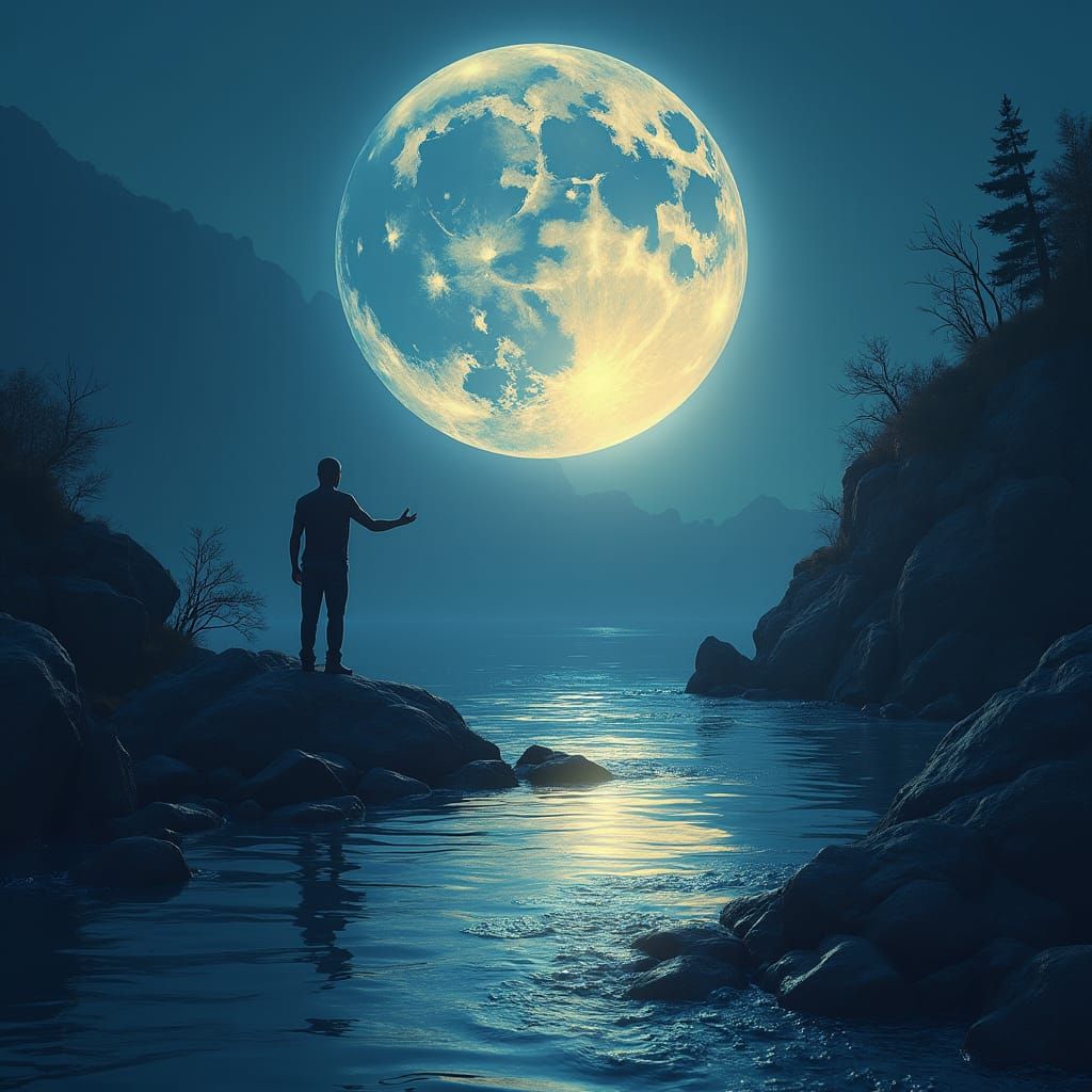 Glowing Moon Reflected in River, Digital Matte Painting