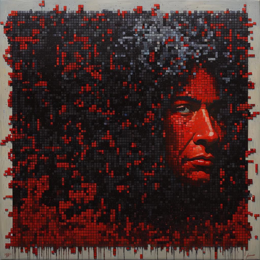 Red Pixels on Black Panel: Oil Painting