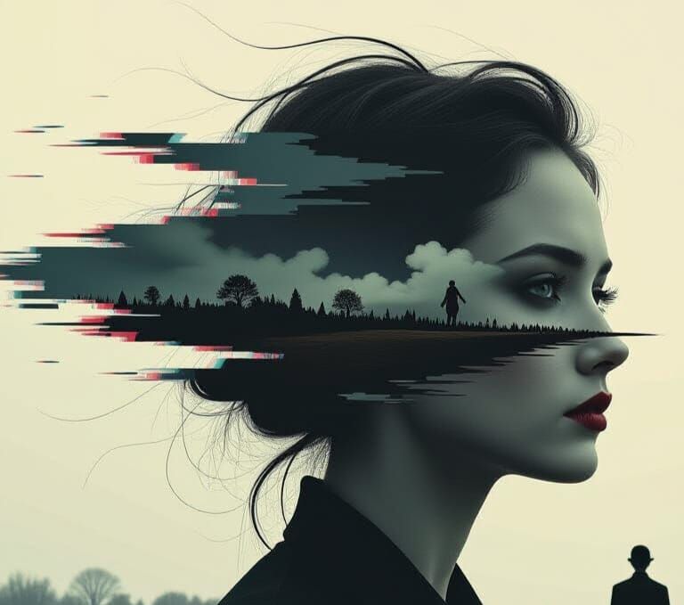 Surreal Horror Collage with Glitch Art Elements