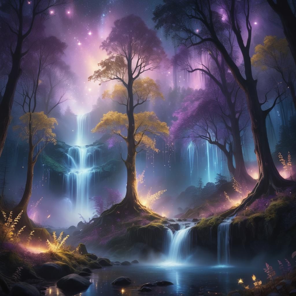 Ethereal Fantasy Forest Under Starry Night Sky