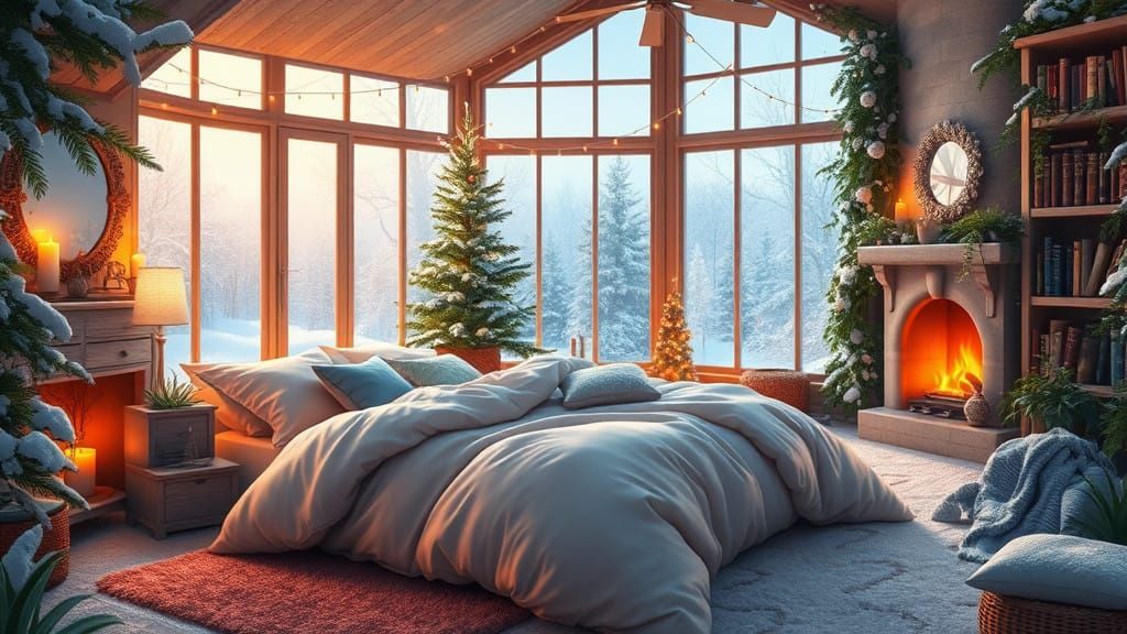 Cosy Winter Wonderland Bedroom Scene in Soft Pastel Hues