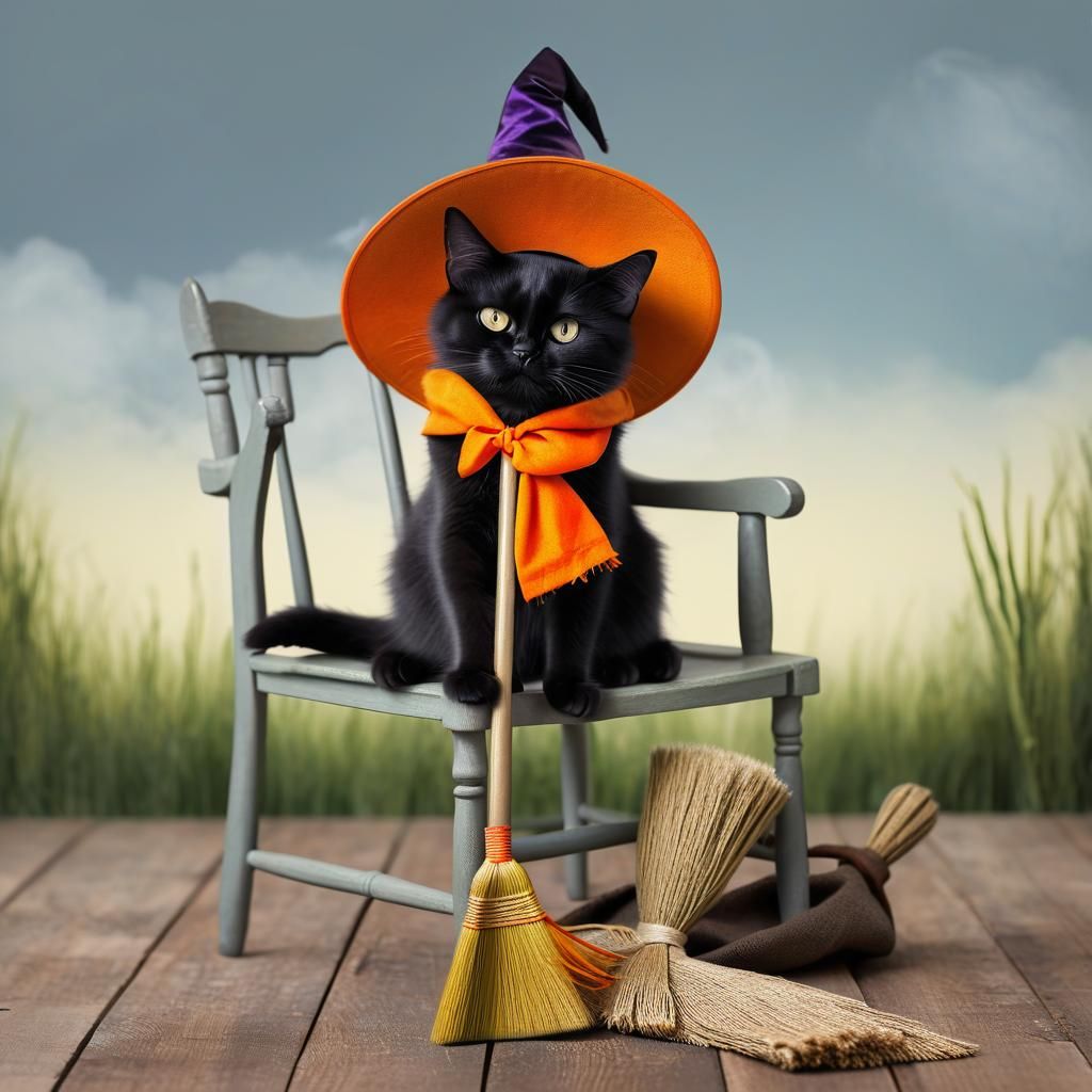 Whimsical Witch Cat with Broom