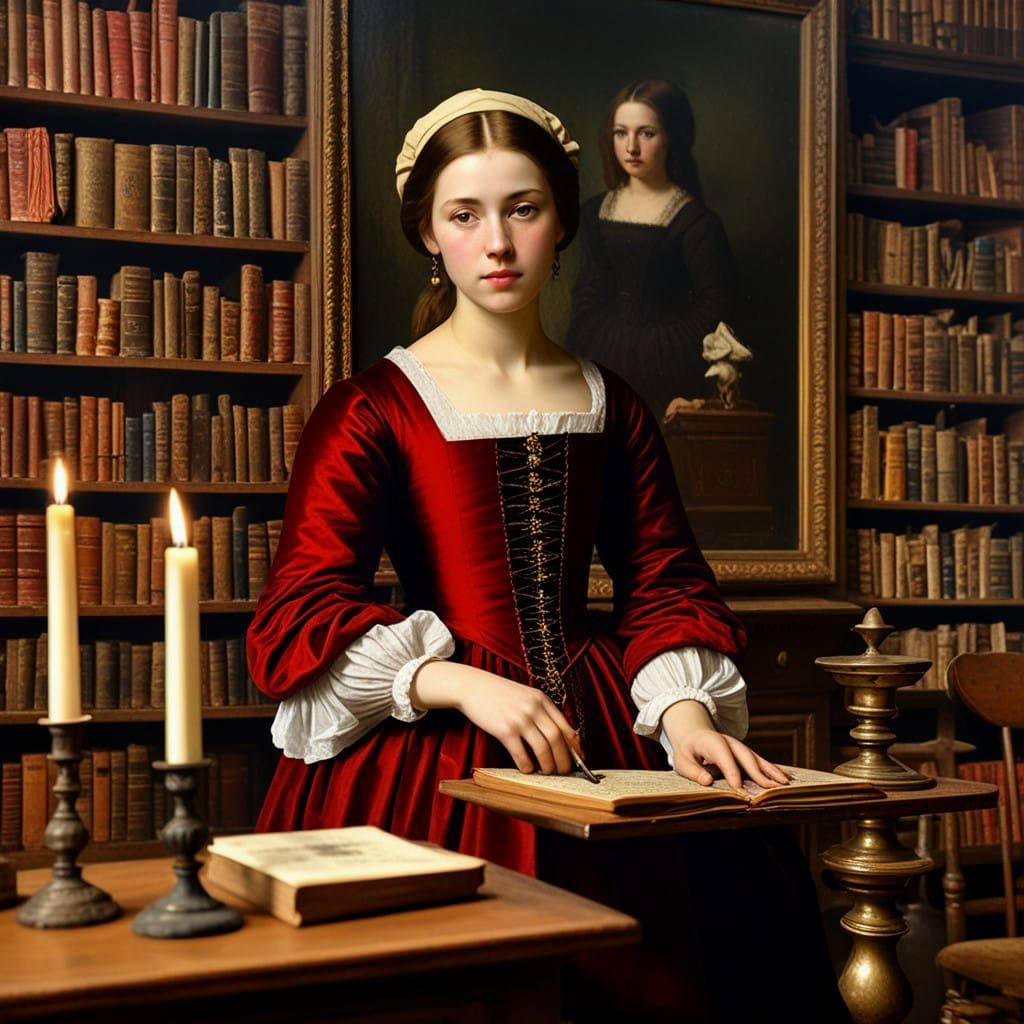 Sumptuous Portrait of Miss Scarlett in a Cozy Library Settin...