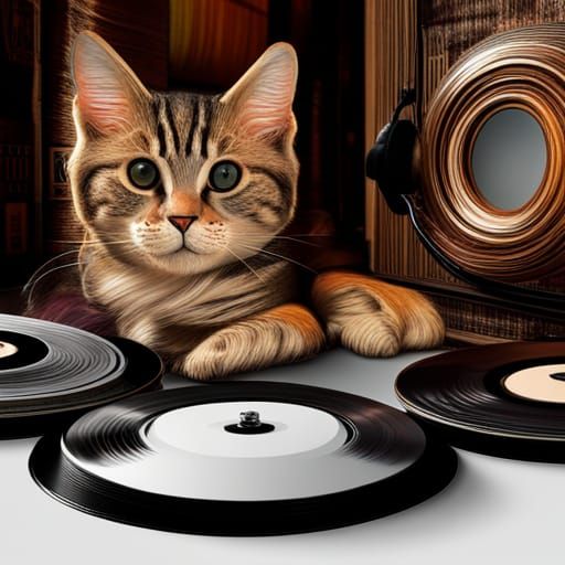 Calico Tabby Cats Listen to Vinyl Records