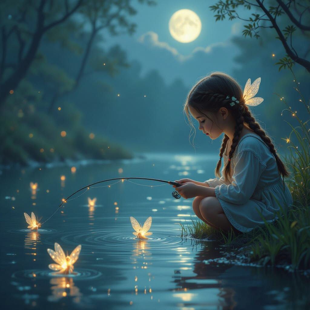 Girl Fishing by Moonlit Lake with Glowing Fairies