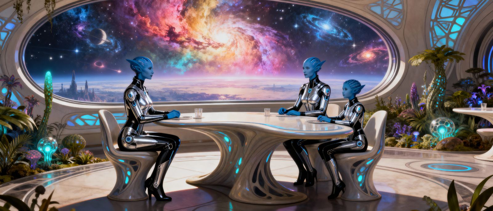 Alien Family in Futuristic Cafe with Starscape View