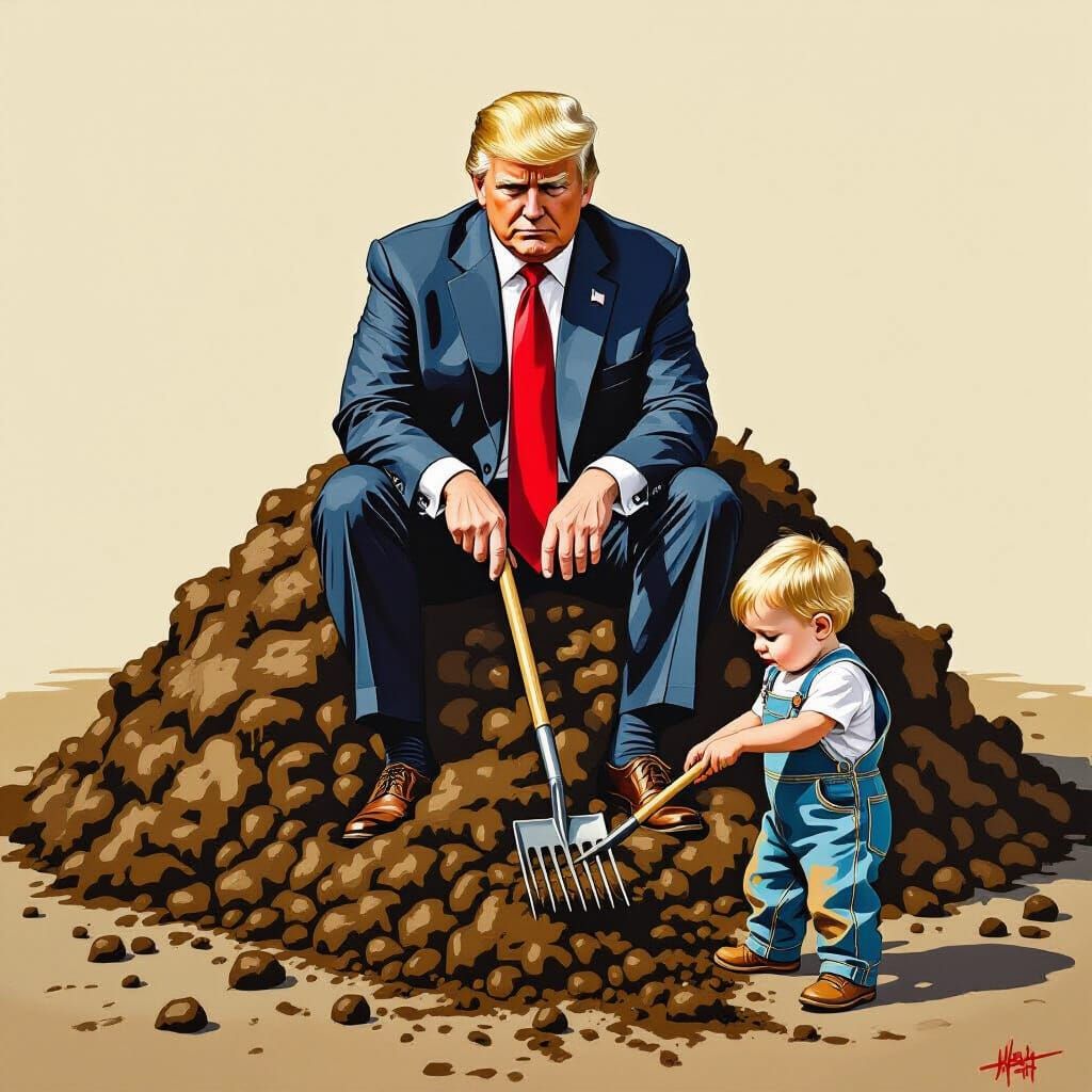 Satirical Image of Man on Manure Pile in Cartoon Style