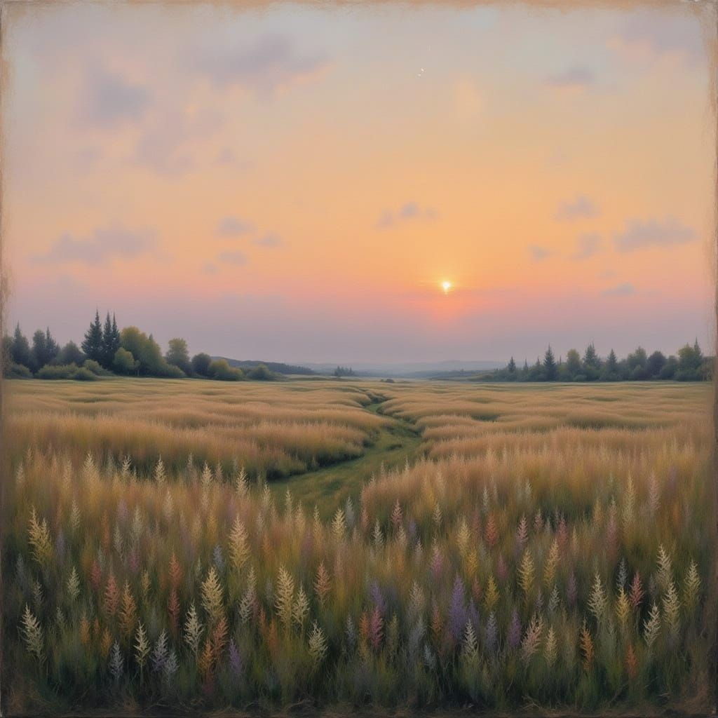 Dusk Meadow at Twilight in Impressionist Style