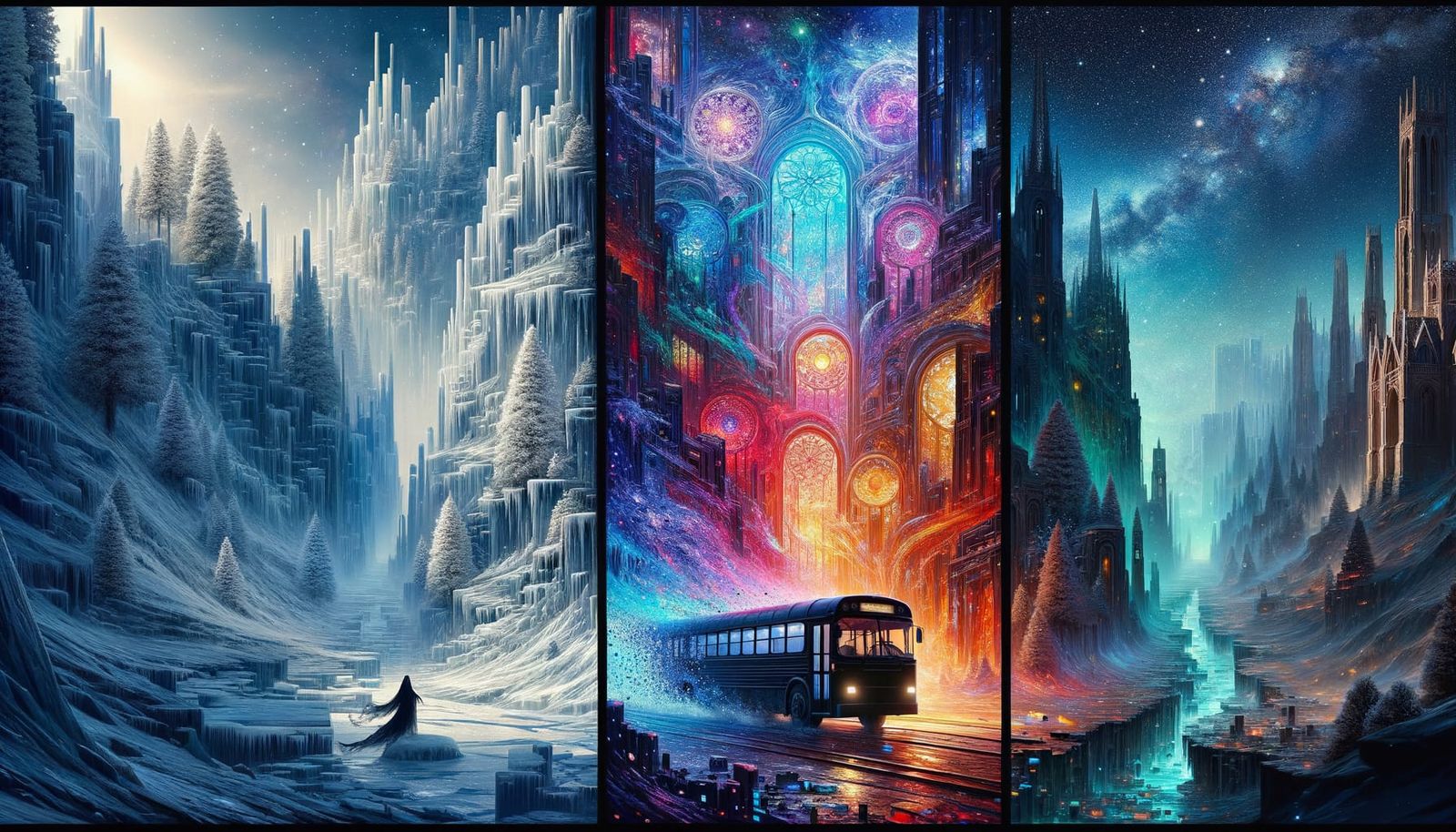 Magical Triptych Landscape with Black Bus
