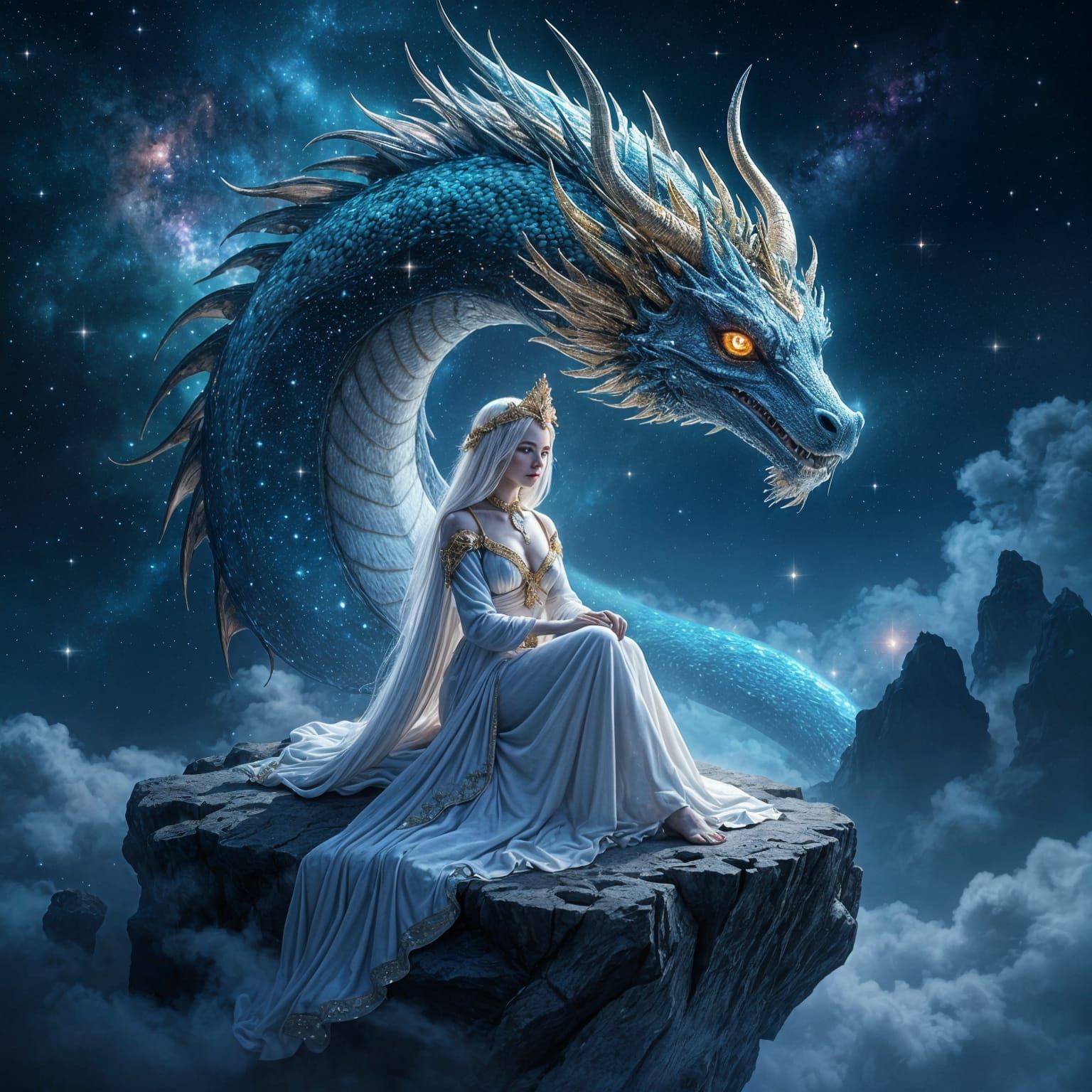 Serene Goddess with Cosmic Dragon in Space