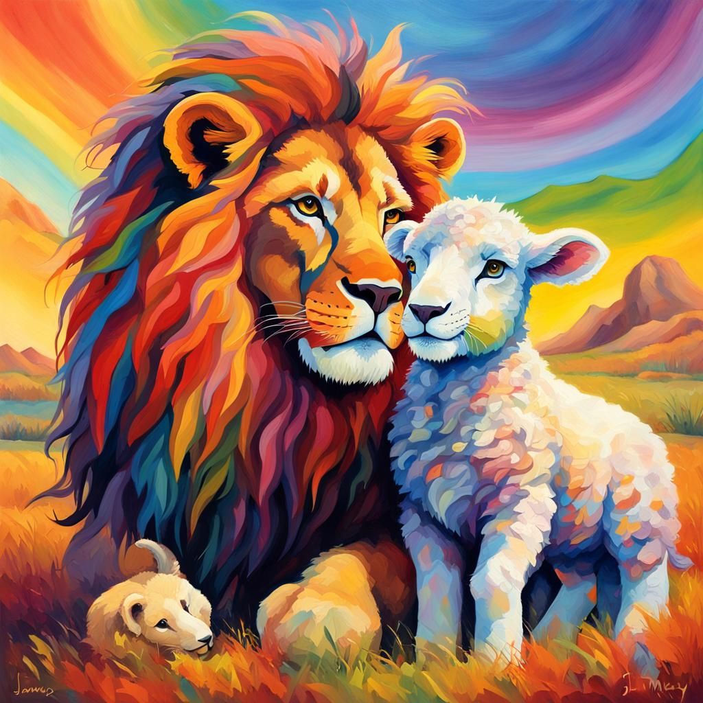 Tender Lion and Lamb Cartoon in Rainbow Colors