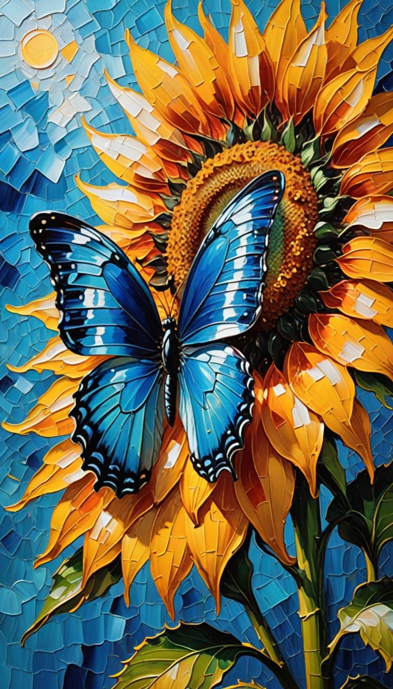Vibrant Neo-Impressionist Oil Painting of a Butterfly on a S...