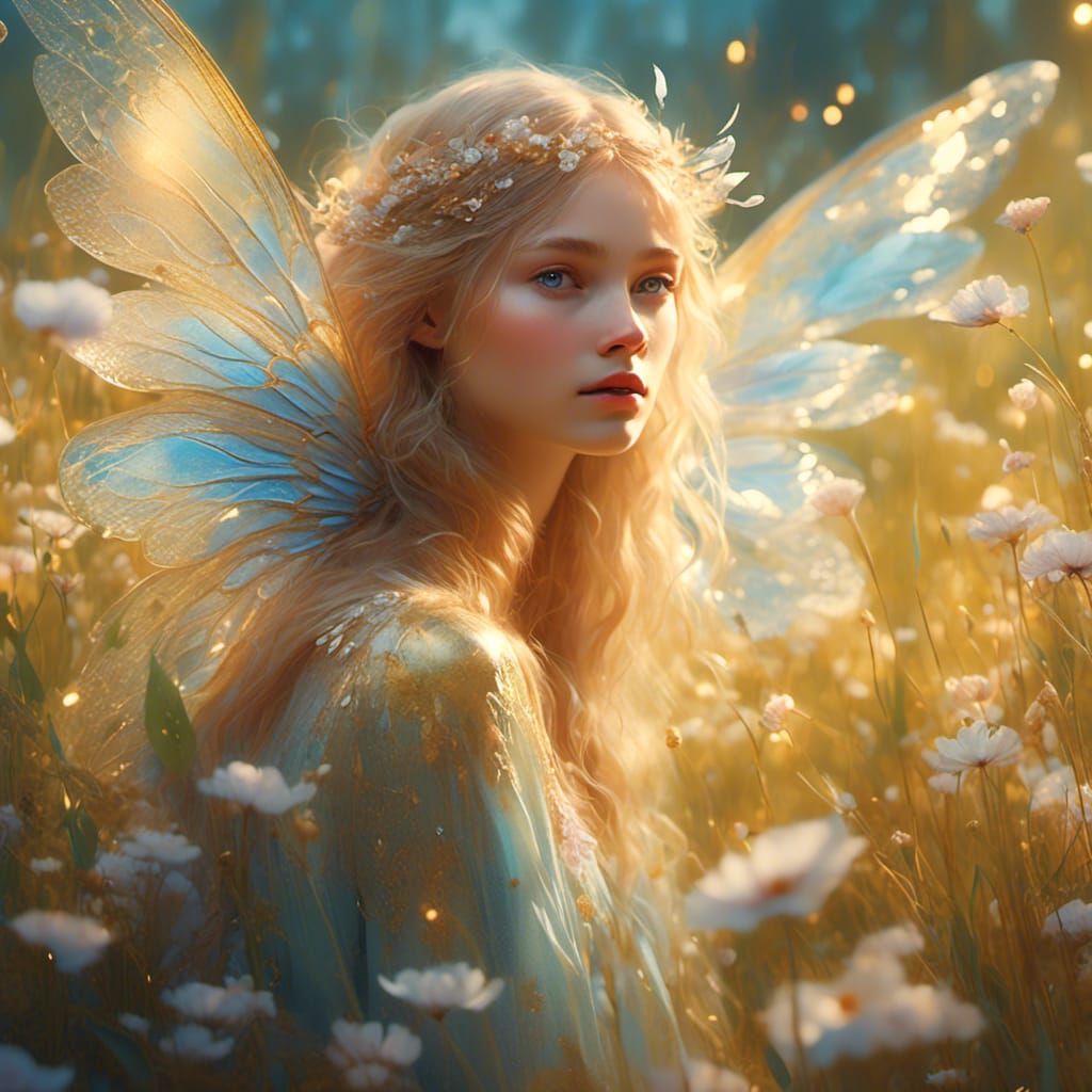 Exquisite Fairy in Sunlit Meadow, Oil Painting