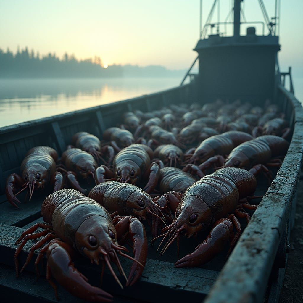 Giant Crayfish Cluster on Rundown Fishing Trawler at Dawn