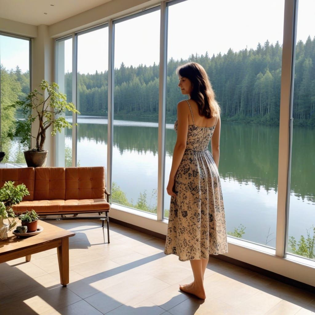 Woman in Sunny Atrium with Lake View