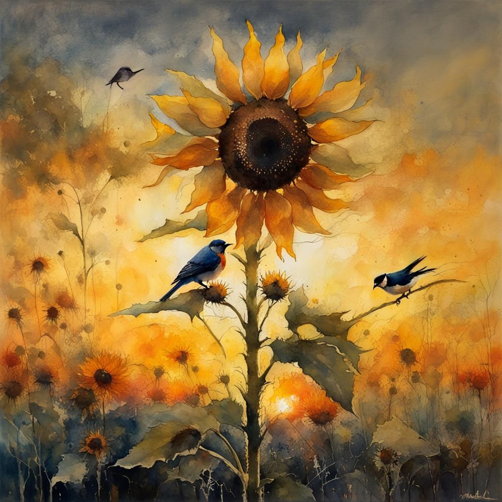 Sunflower and Bird at Sunset: Detailed Watercolor