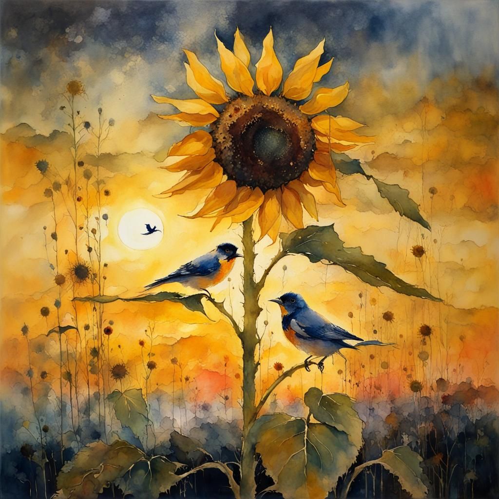 Sunflower and Bird at Sunset: Intricate Watercolor Art
