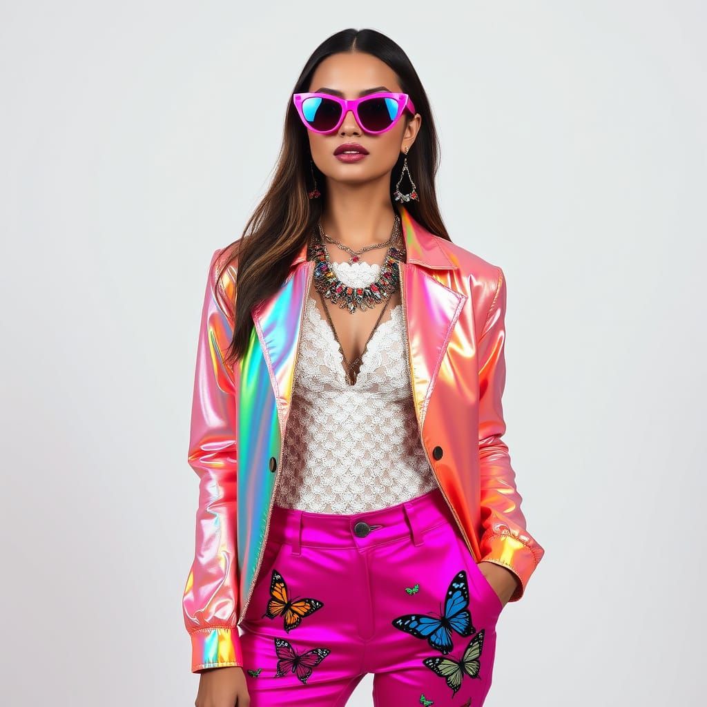 Glamorous Fashionista in Iridescent Jacket and Butterfly Emb...