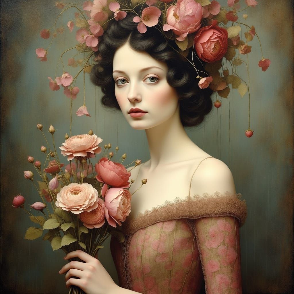 Floral Gown Portrait in Art Nouveau Style