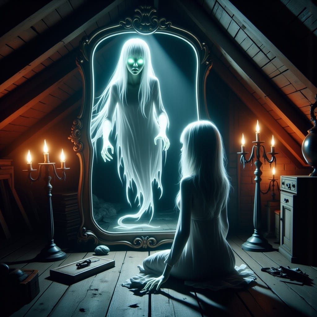 Ethereal Ghost Emerges from Mirror in Digital Art