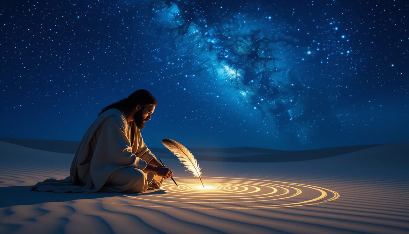 Philosopher Draws Cosmic Patterns in Starlit Sand