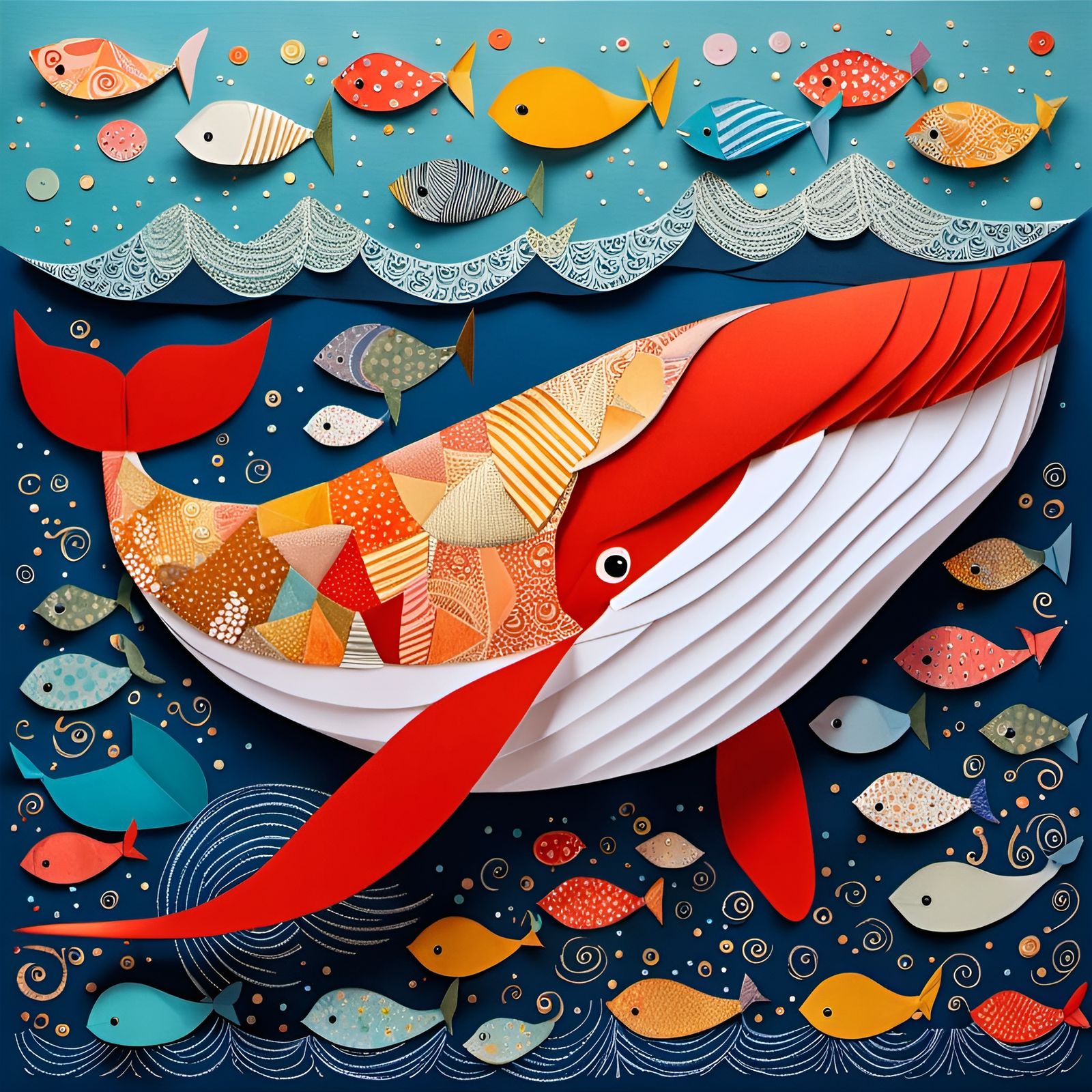 Joyful Origami Whale in Art Brut Style