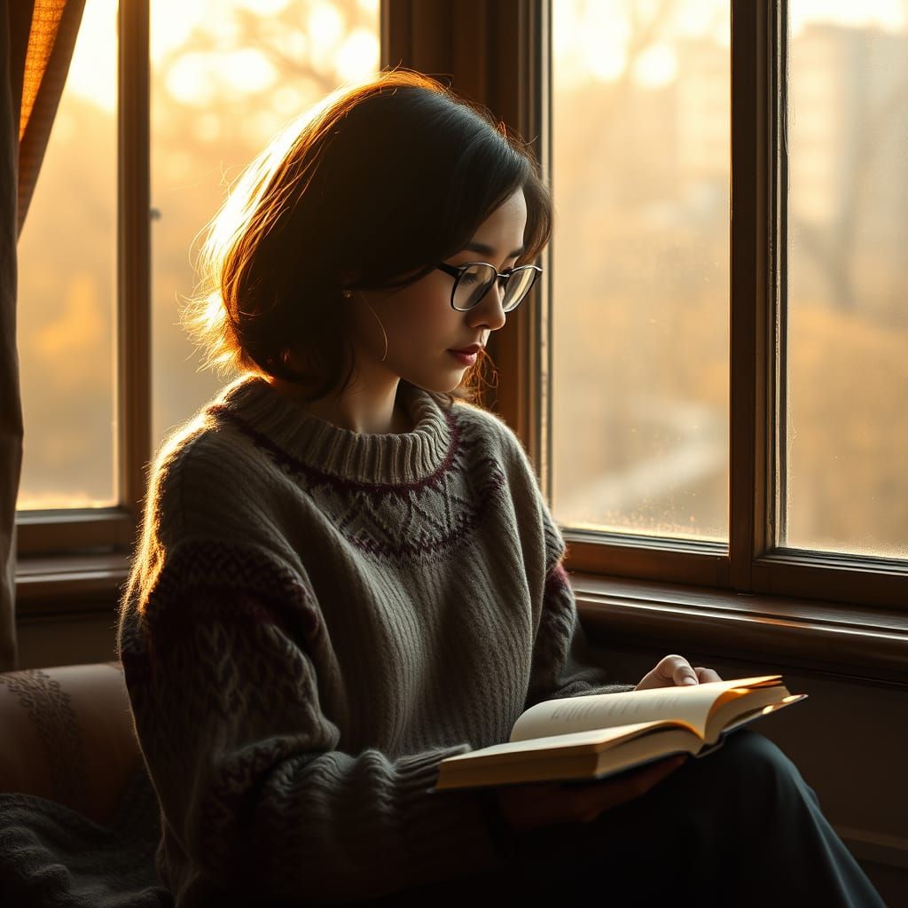 Contemplative Writer in Sunlight, Potter-esque Illustration