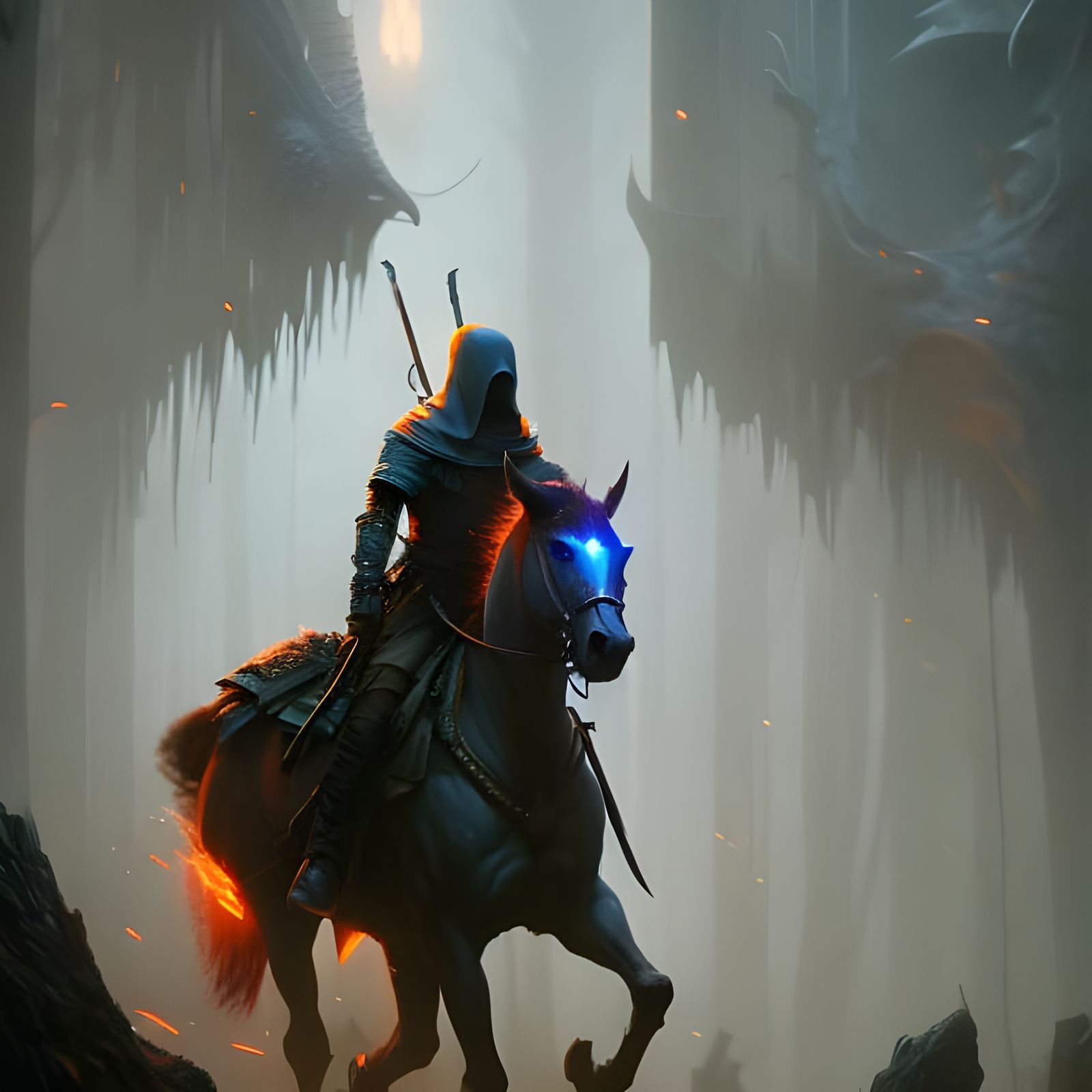 Skeleton Knight Rides Through Dark Forest, Dark Fantasy Art