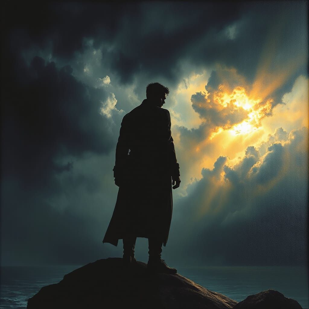 Resilient Figure Against Stormy Sky in Dramatic Light