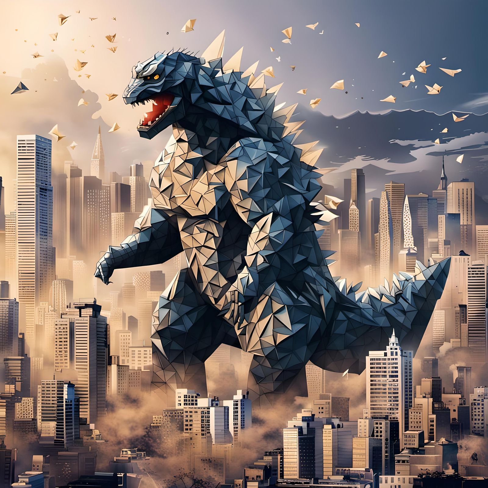 Origami Godzilla Attacks Origami City in Anime Style