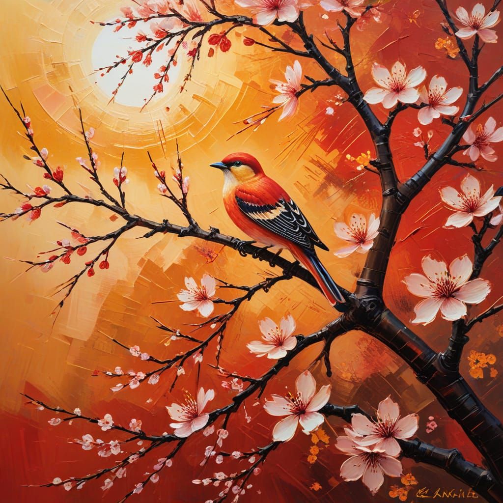 Vibrant Blossom Tree Sunset in Abstract Expressionism