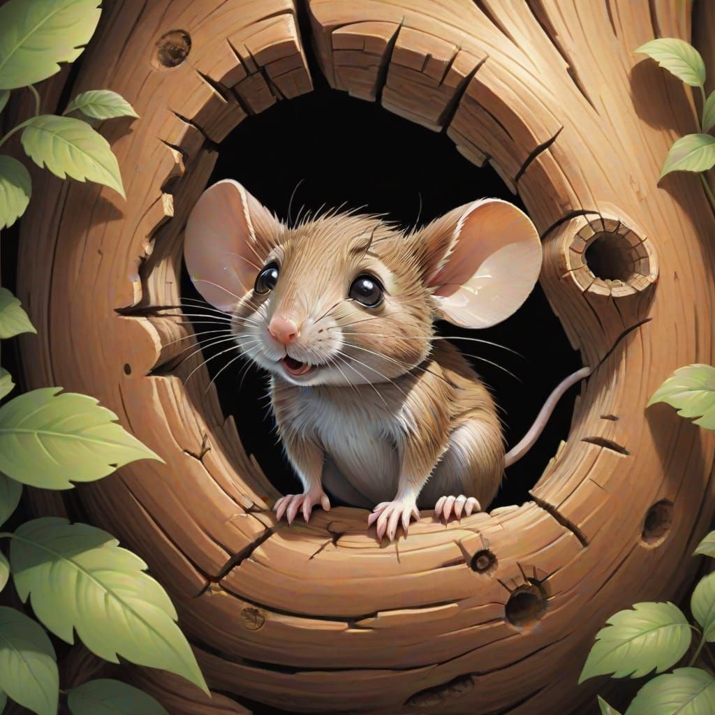 A bashful little mouse peeping out of a hollow log, looking out at the big world around him. storybook illustration
