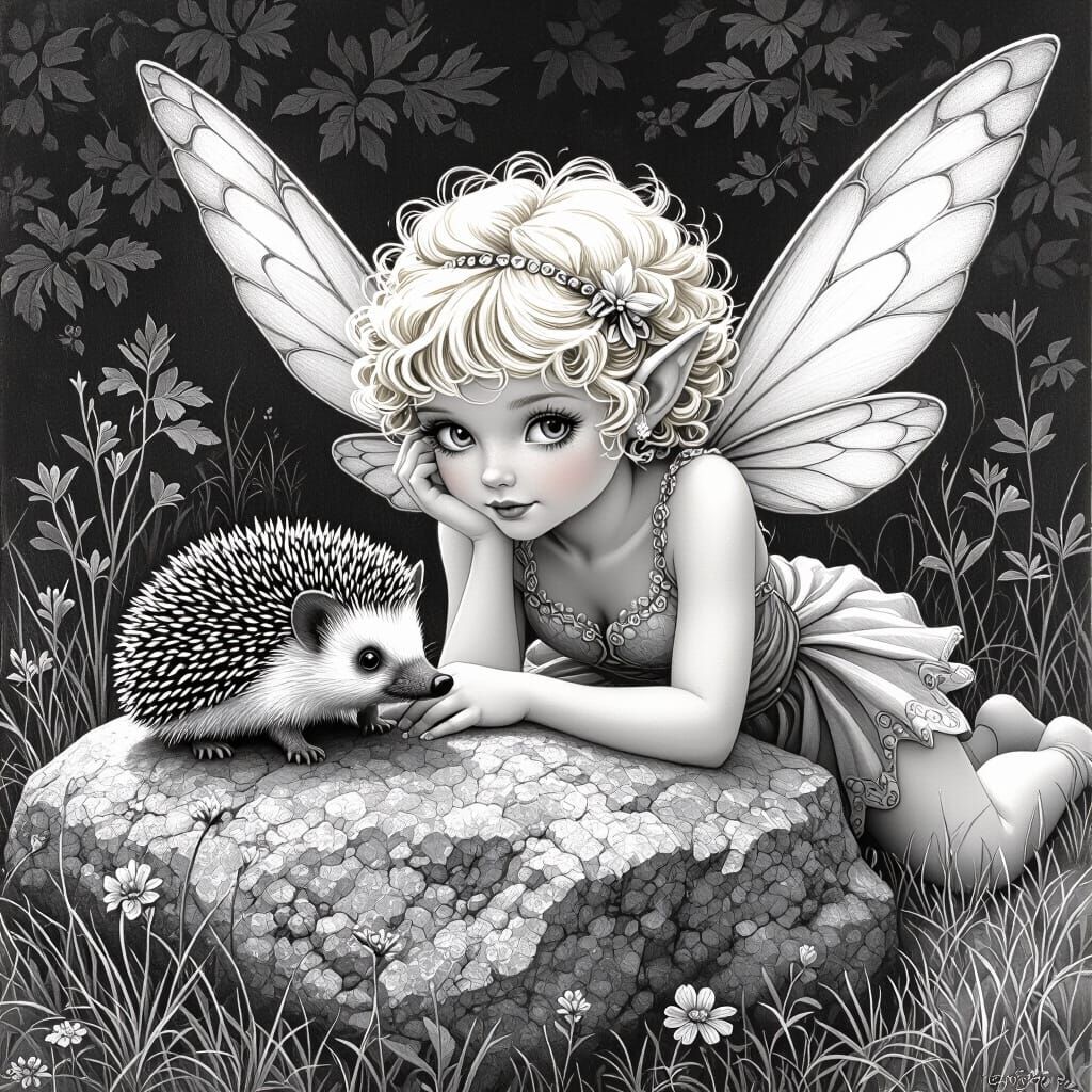 Fairy and Hedgehog in Grayscale Detail