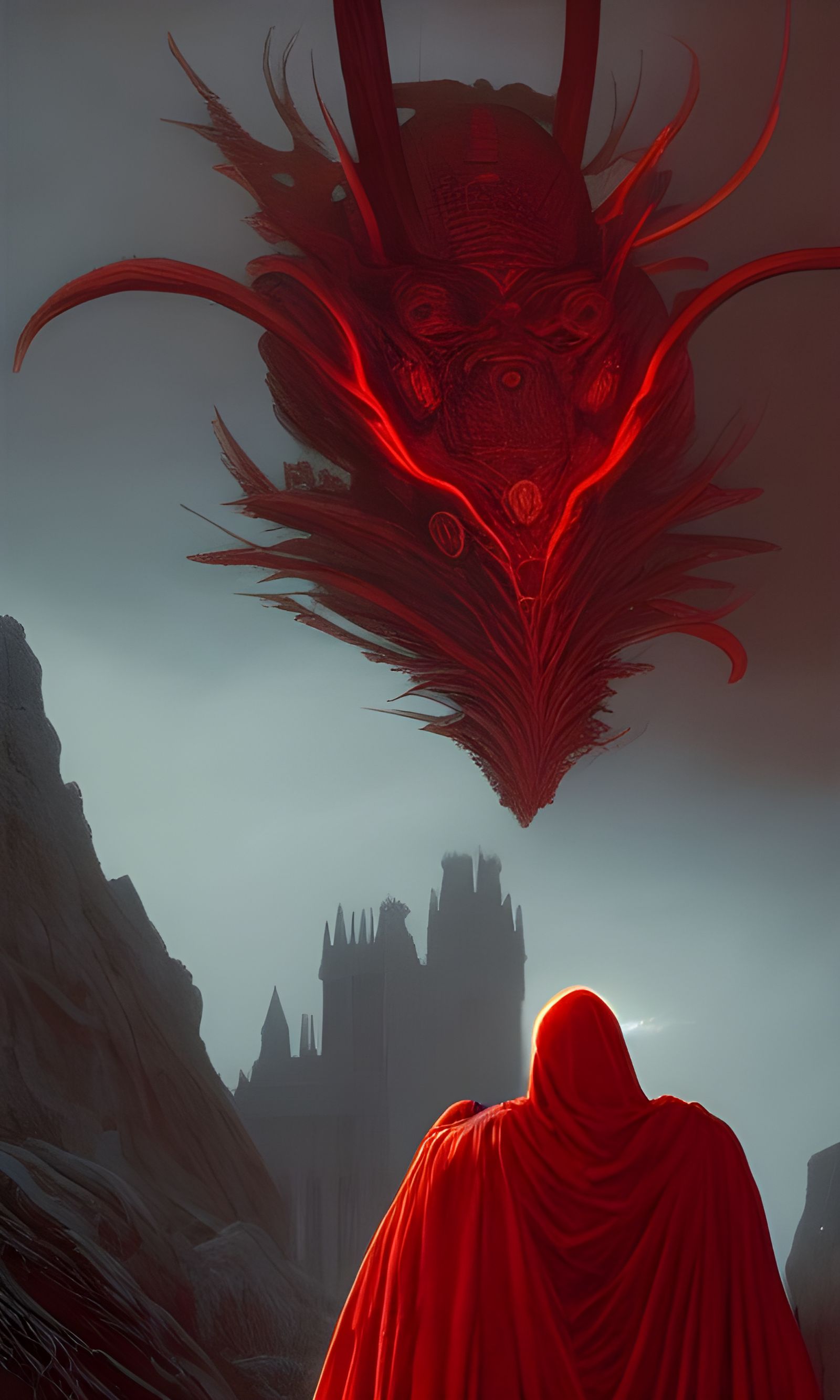 Doomed Figure in Red Cloak Art Nouveau Style