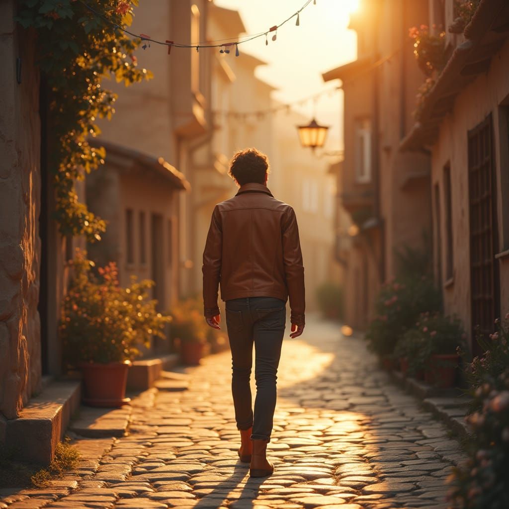Rock Singer Walks to Sunset in Old European Town