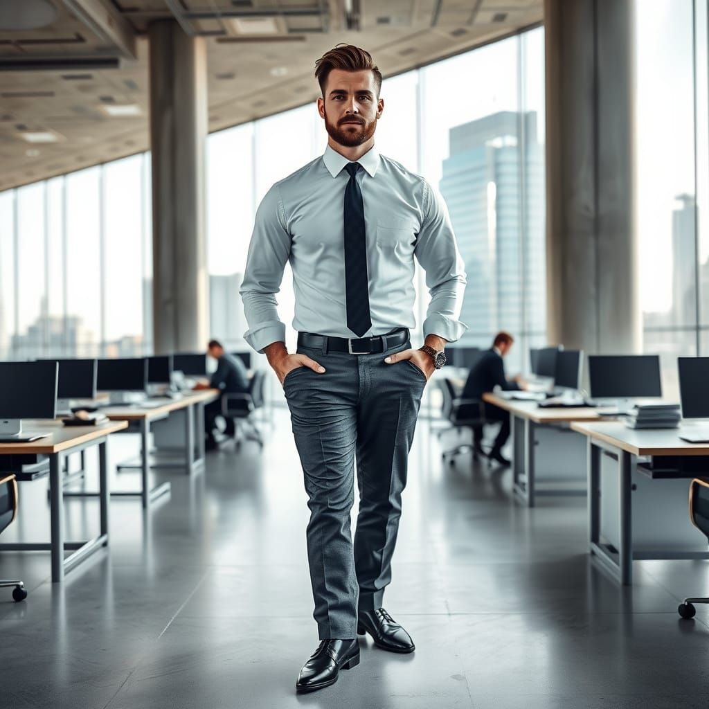 Confident Man in Brutalist Office: Photorealistic Image