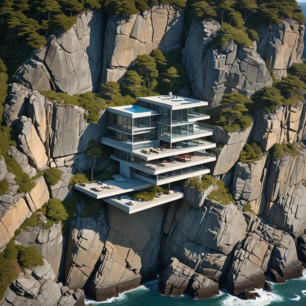 Cantilevered Home Over Rocky Cliff: Architectural Visualizat...