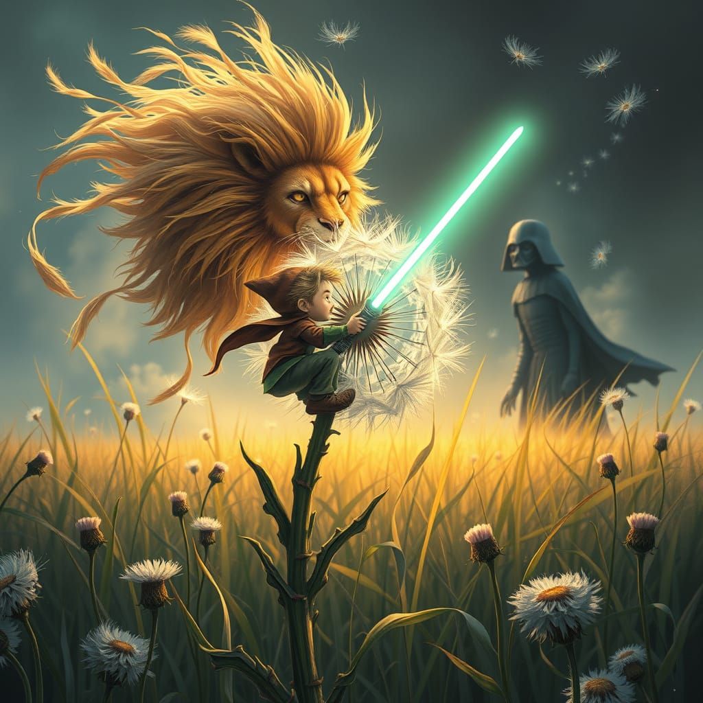 Dwarf Clings to Lion Dandelion Against Dartvader in Meadow