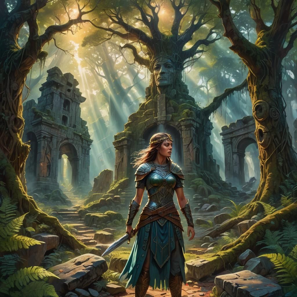 Warrior Woman in Mystical Forest Oil Painting