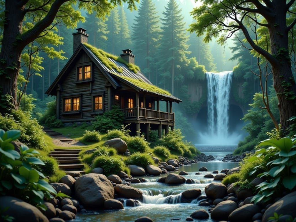 Large Wolf Explores Abandoned Cabin by Waterfall