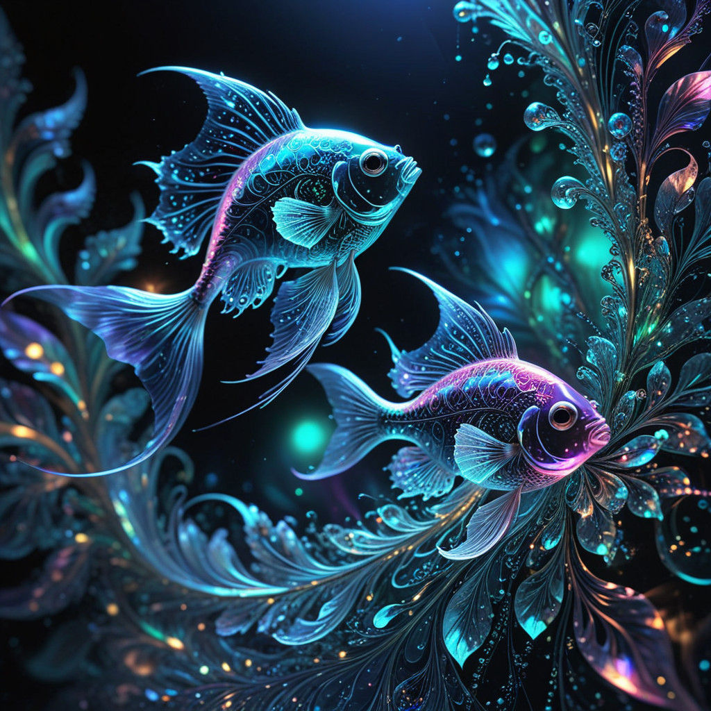 Ethereal Iridescent Fish in Neon Paisley Fractal