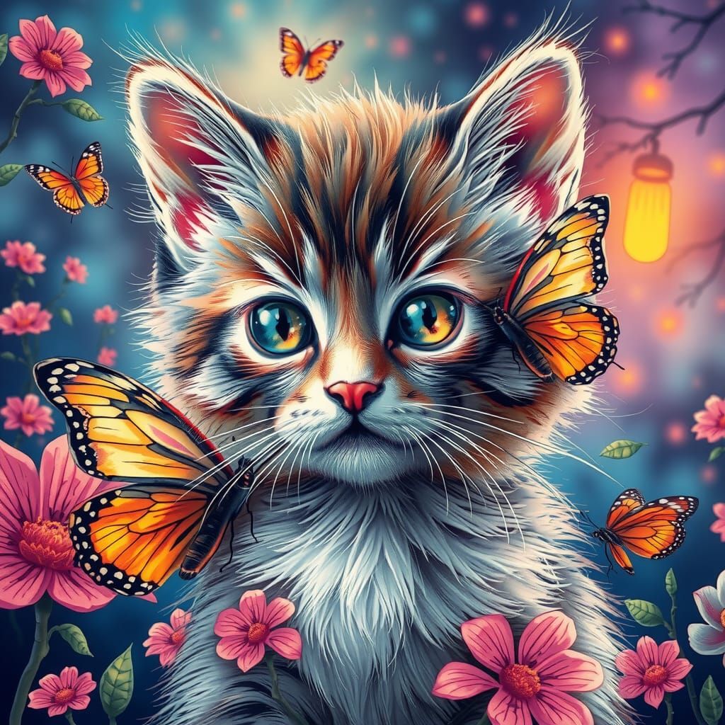 Vibrant Kitten and Butterfly in Surreal Illustration