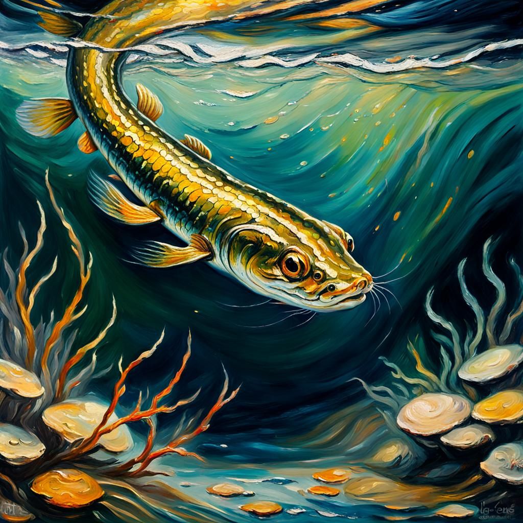 Eel Swimming Underwater as Oil Painting
