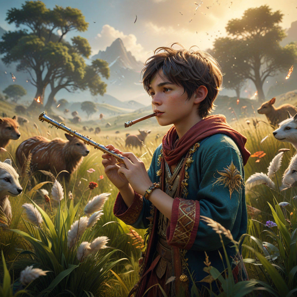 Whimsical Fantasy Boy Blows Flute to Animals in Lush Grassla...