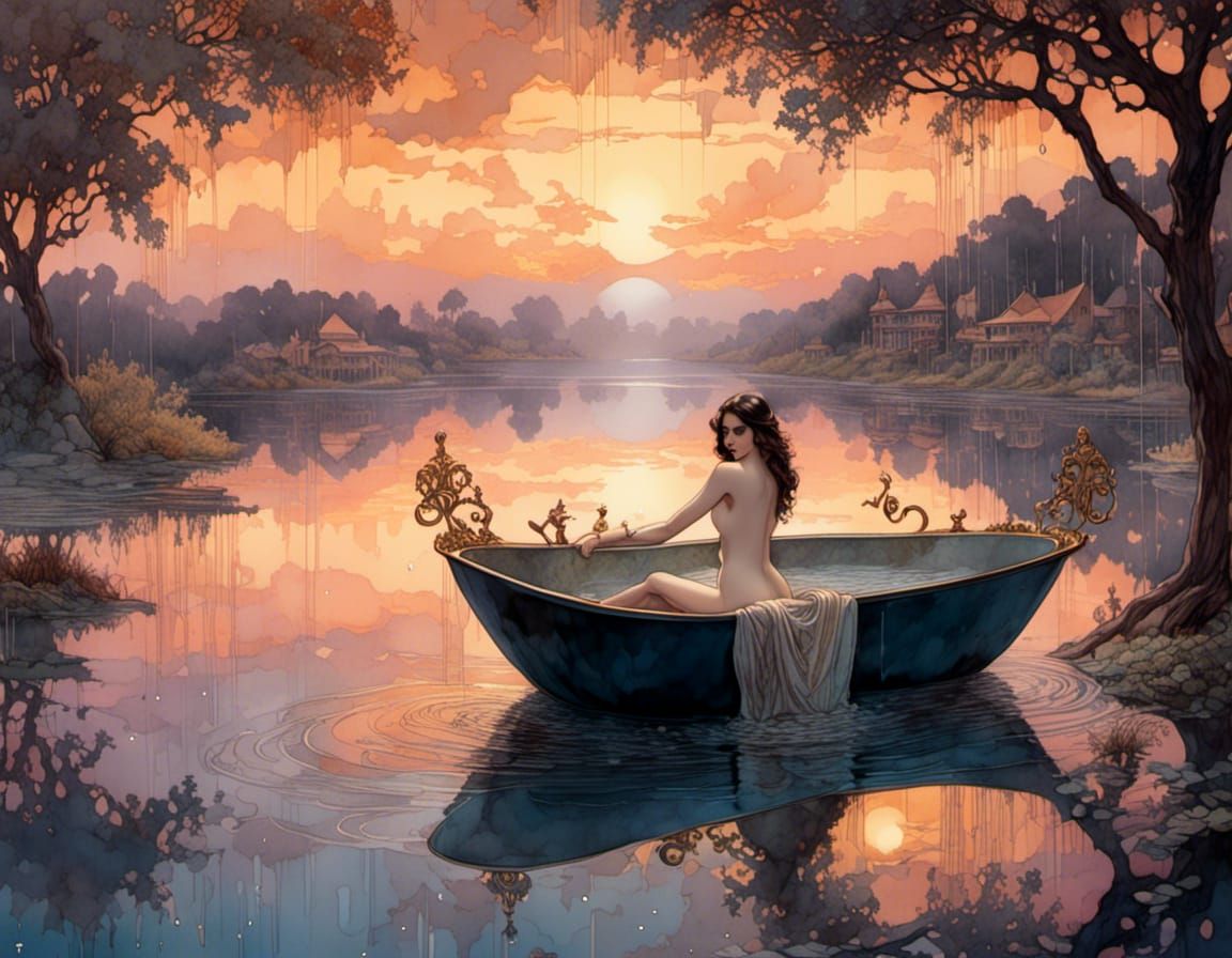 Art Deco Woman Bathes at Sunset in Opulent Lake