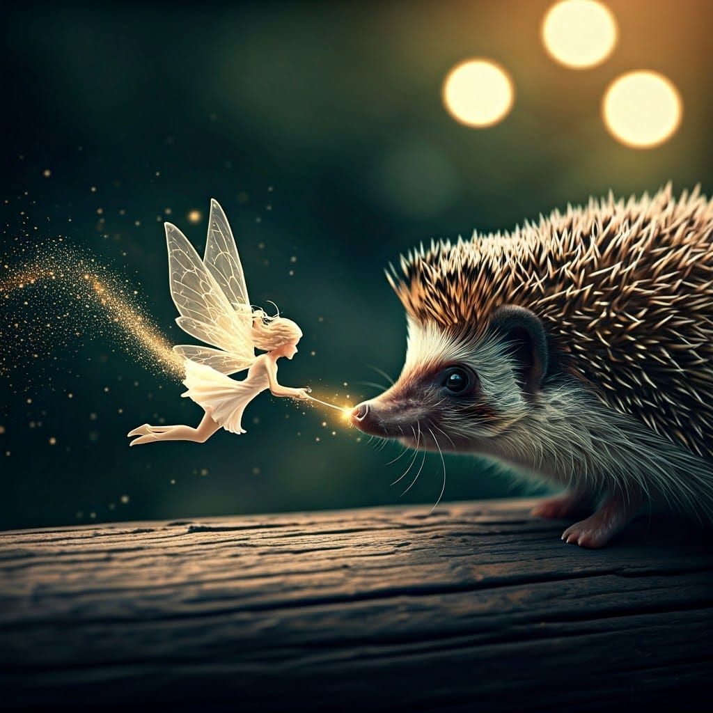 Enchanted Fairy Whispers Magic to a Curious Hedgehog