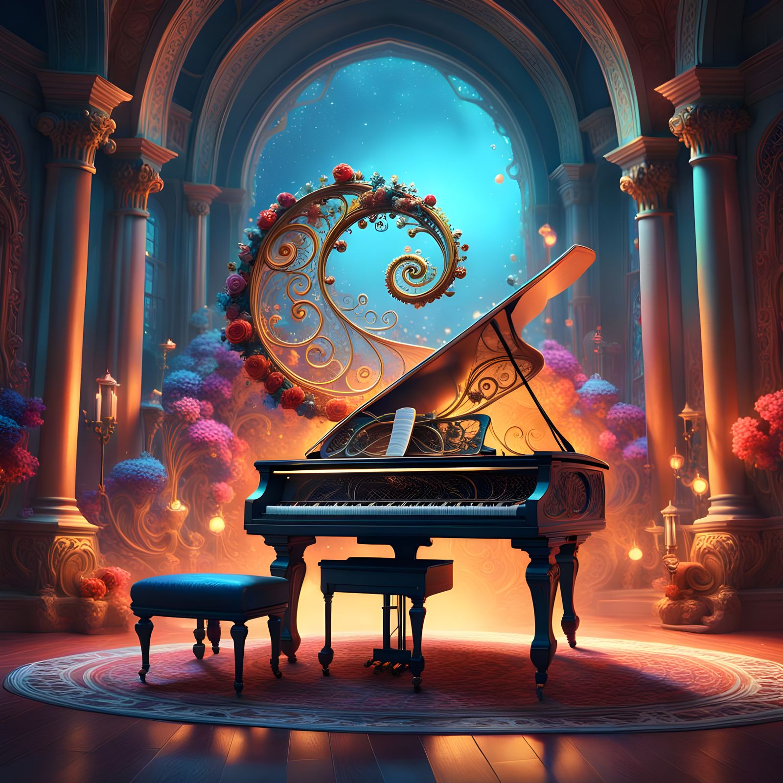 Fantastical Piano with Guitar Strings, Detailed Matte Painti...